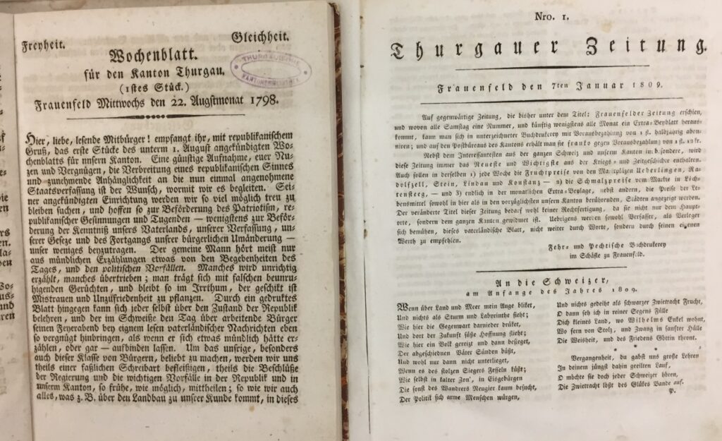Titelseiten der ersten Ausgabe des Wochenblatts für den Kanton Thurgau vom 22. August 1798 und der Thurgauer Zeitung vom 7. Januar 1809 - Foto: https://forschungspreis.tg.ch/blog.html/9331/news/43721