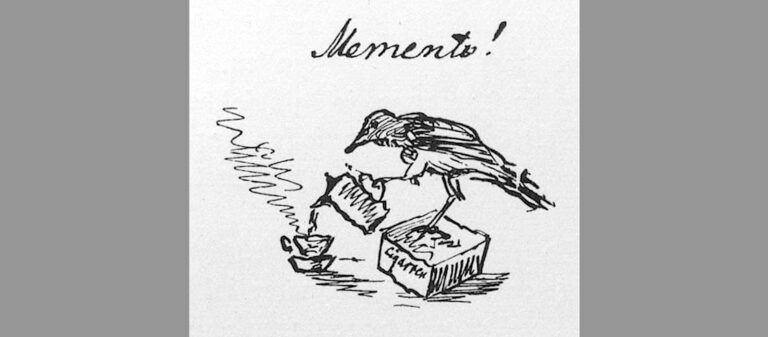 „Memento!“, Federzeichnung von Wilhelm Raabe, Einladung zum Sonntagskränzchen am 26. Mai 1867 für Ferdinand Scholl. – Ein Rabe (=Raabe) steht auf einer Zigarrenkiste und gießt eine Tasse Kaffee ein - Wilhelm Rabe, 1867 - Karl Fricker: Wilhelm Raabes Stuttgarter Jahre im Spiegel seiner Dichtung. Stuttgart 1939, Seite 31 - Public domain - Datei: https://commons.wikimedia.org/wiki/File:Wilhelm_Raabe,_Einladung_zum_Sonntagskr%C3%A4nzchen_am_26._Mai_1867_f%C3%BCr_Ferdinand_Scholl.jpg