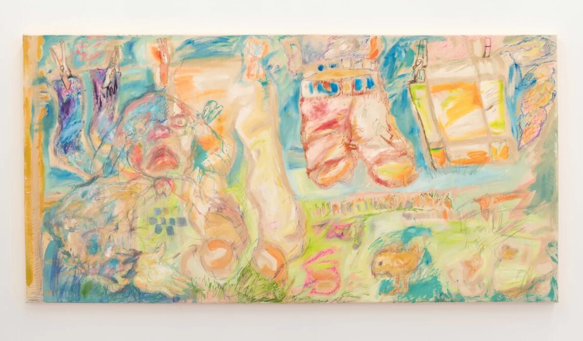 Isadora Vogt, Hundefrau, 2021, Acryl, Bleistift und Ölkreide auf Leinwand, 100 x 200 cm Foto: Flavio Karrer