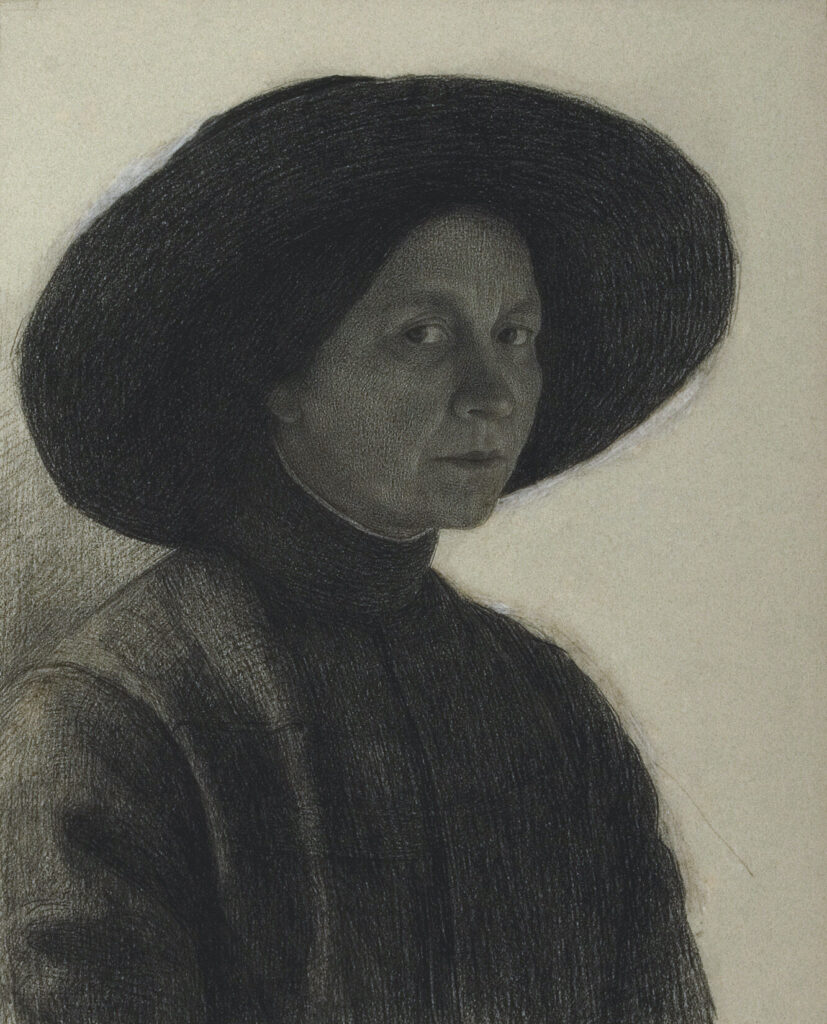 Jeanne Lombard, Autoportrait de trois quarts à droite, au grand chapeau noir, entre 1900 et 1945 - Photo : Musée d'art et d'histoire, Neuchâtel