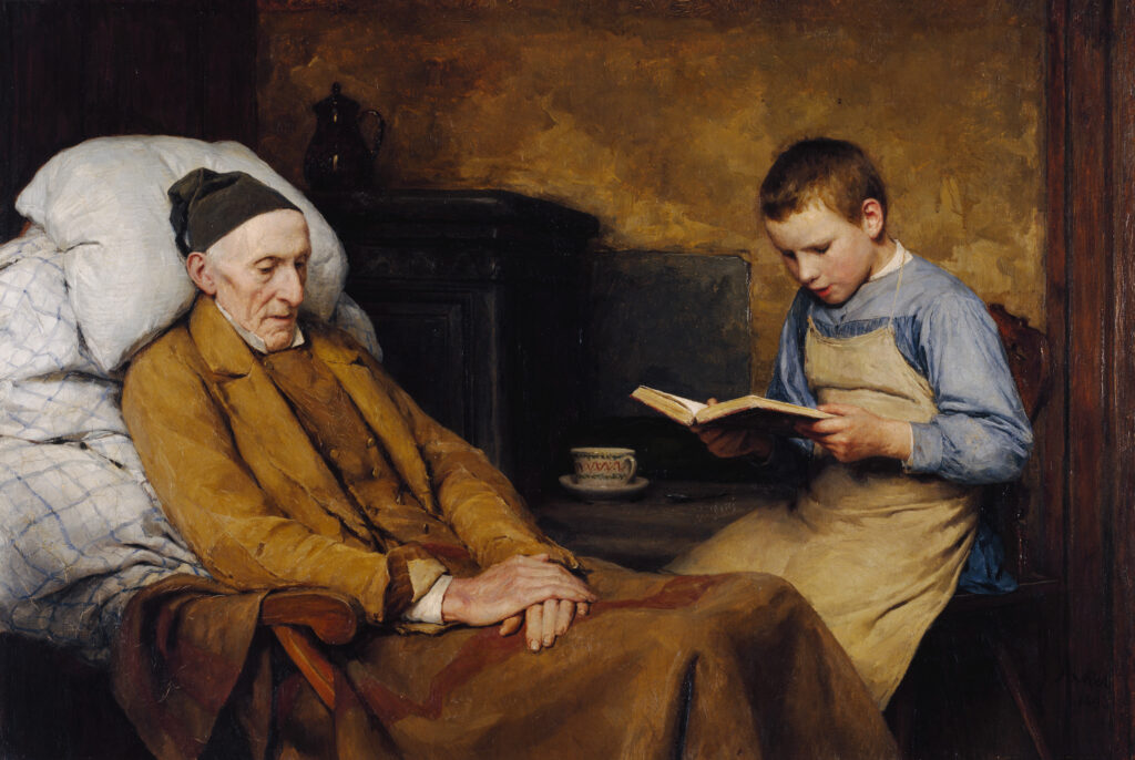 Albert Anker Die Andacht des Grossvaters, 1893 Öl auf Leinwand, 62,5 x 91,6 cm Kunstmuseum Bern © Kunstmuseum Bern