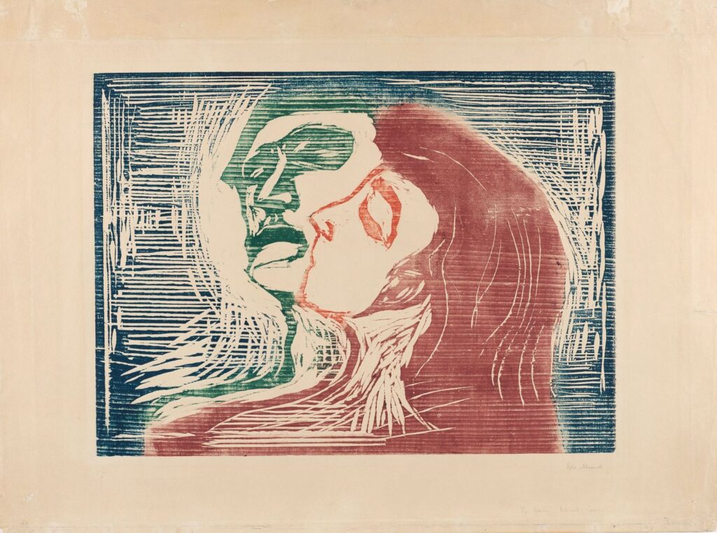 Edvard Munch, Kopf bei Kopf, 1905Holzschnitt in 4 Farben auf Papier, 56,5 × 74,5 cmKunsthaus Zürich, 1950