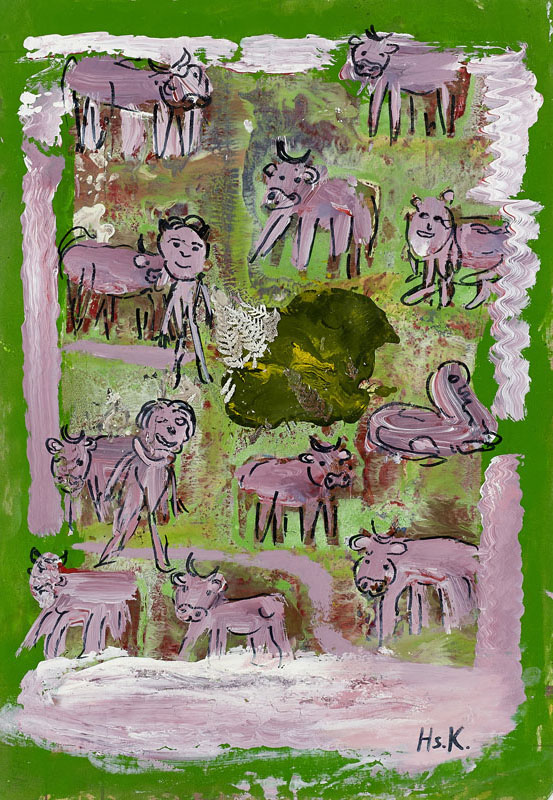 Hans Krüsi (1920–1995)
Ohne Titel (Rosa Kühe)
undatiert, Mischtechnik auf Papier,
42 × 29 cm, open art museum, Stiftung für schweizerische Naive Kunst und Art Brut, St.Gallen, Sammlung Mina und Josef John, © Kunstmuseum Thurgau