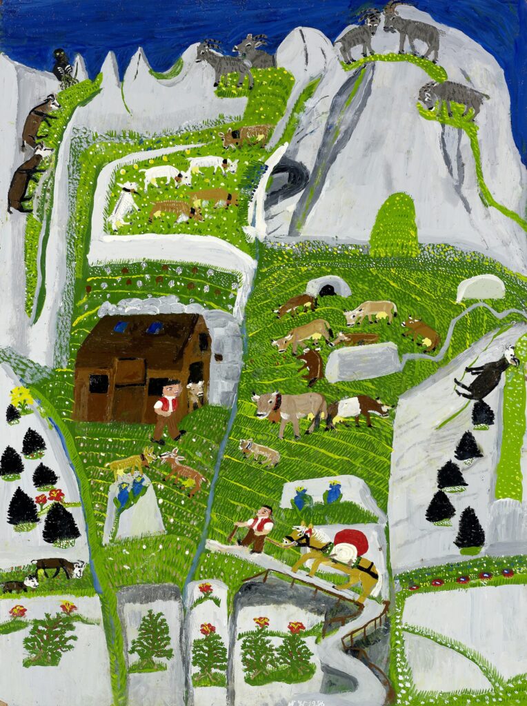 Bild: Niklaus Wenk (1913–2013)
«Alp Schafboden ab Tesel»
1996, Lackfarbe auf Pavatex, 60 × 44 cm, open art museum, Stiftung für schweizerische Naive Kunst und Art Brut, St.Gallen, Legat Erna und Curt Burgauer