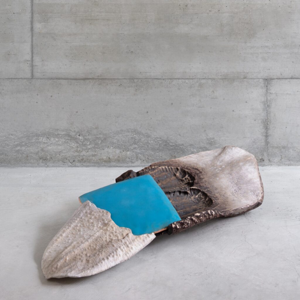 Maria Ceppi, Pinmâchoire, 2025, Holz, Keramikprint, Metall, Email, 22 x 90 x 41 cm. Foto: Thomas Andenmatten