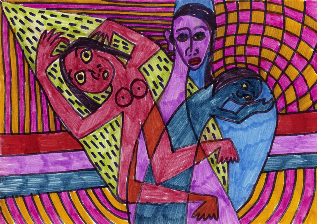 Adelheid Duvanel (1936–1996) Ohne Titel (Drei weibliche Figuren) 1987, Filzstift auf Papier, 21 x 29.7 cm, © open art museum, Stiftung für Schweizerische Naive Kunst und Art Brut, St. Gallen, Sammlung Felix Feigenwinter