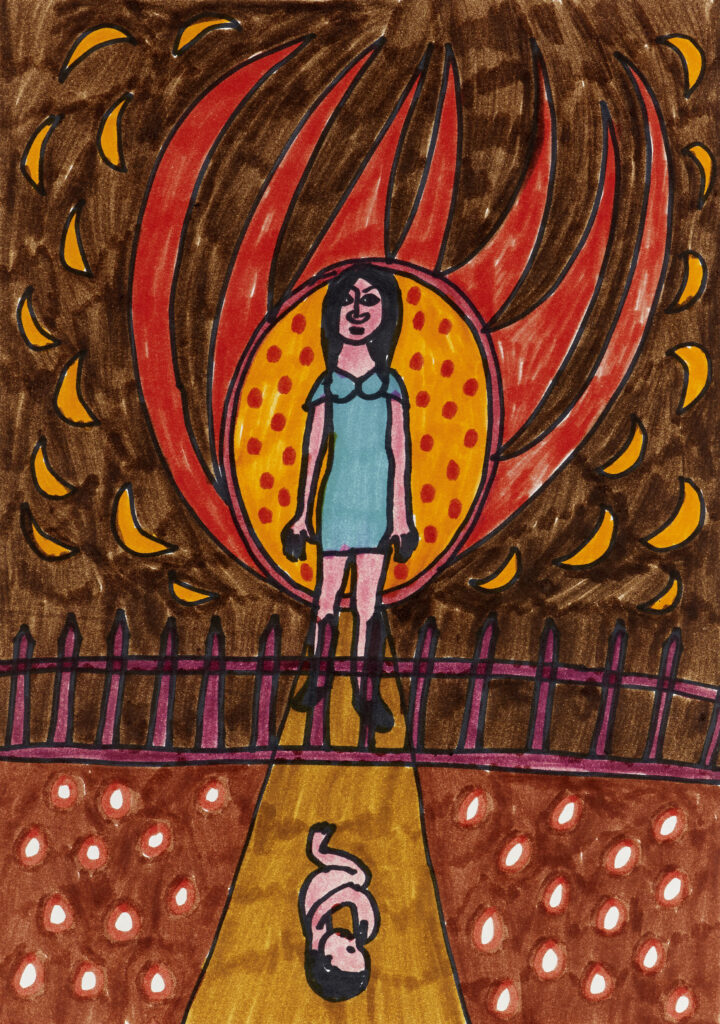Adelheid Duvanel (1936–1996) Ohne Titel (Frau und Kind getrennt durch Zaun / Mutter im Feuer) 1960, Kreide auf Karton, 29.7 x 21 cm, © open art museum, Stiftung für Schweizerische Naive Kunst und Art Brut, St. Gallen, Sammlung Felix Feigenwinte