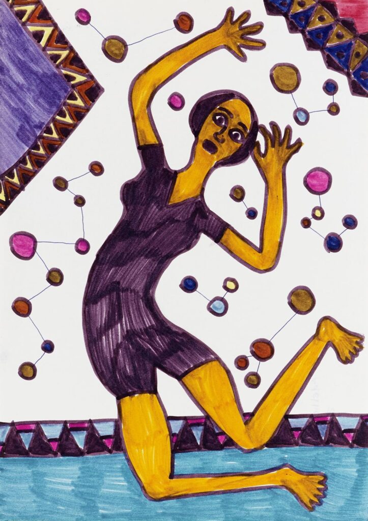 Adelheid Duvanel (1936–1996) Ohne Titel (Schwebende / fallende Frau) 1984, Filzstift auf Papier, 29.6 x 21 cm © open art museum, Stiftung für Schweizerische Naive Kunst und Art Brut, St. Gallen