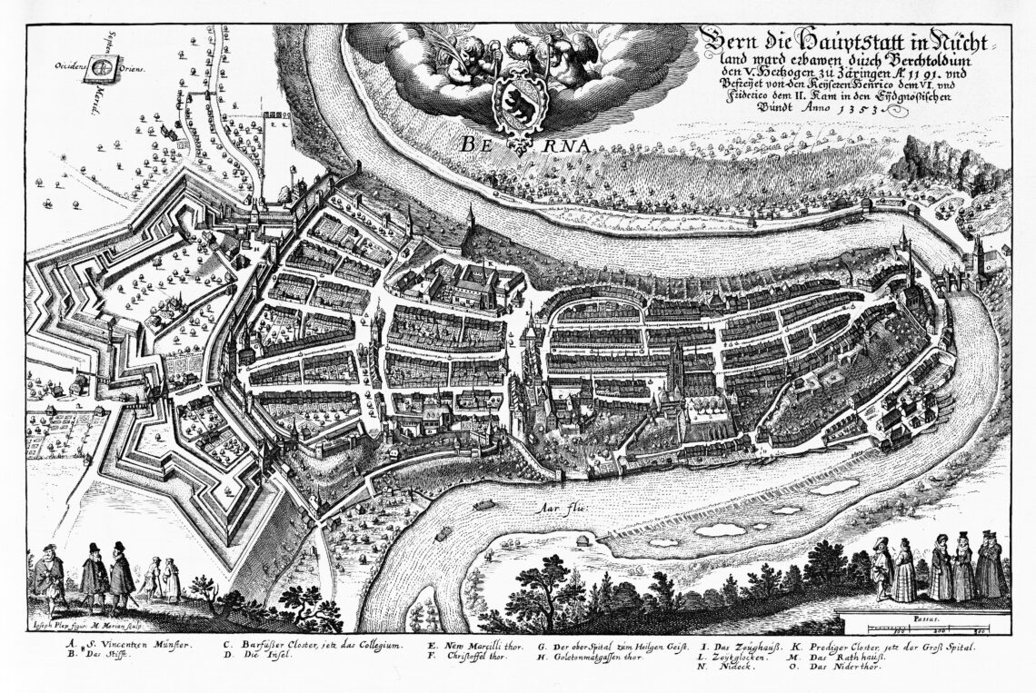 Altstadt von Bern, seit 1983 UNESCO-Welterbestätte, Ansicht von 1638, Matthäus Merian - Public domain - Datei: https://commons.wikimedia.org/wiki/File:MerianBern.jpg