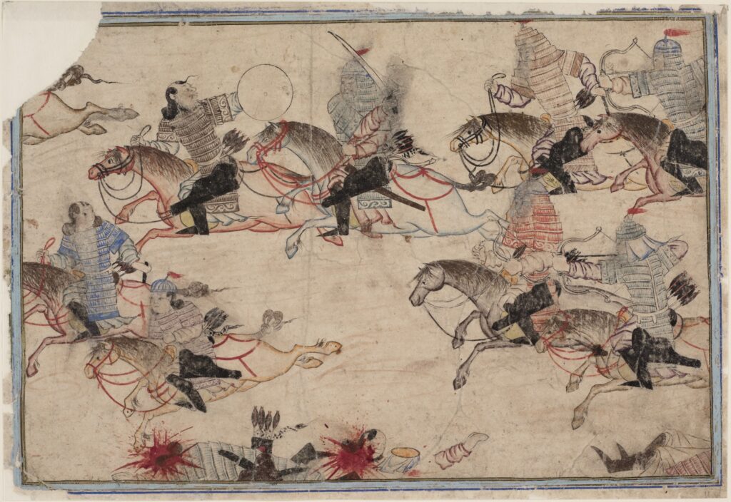 Mongolische Krieger beim Kampf, 1. Viertel 14. Jh., erworben von Friedrich Diez (1751–1817) in Istanbul, Staatsbibliothek zu Berlin – Preussischer Kulturbesitz, Orientabteilung