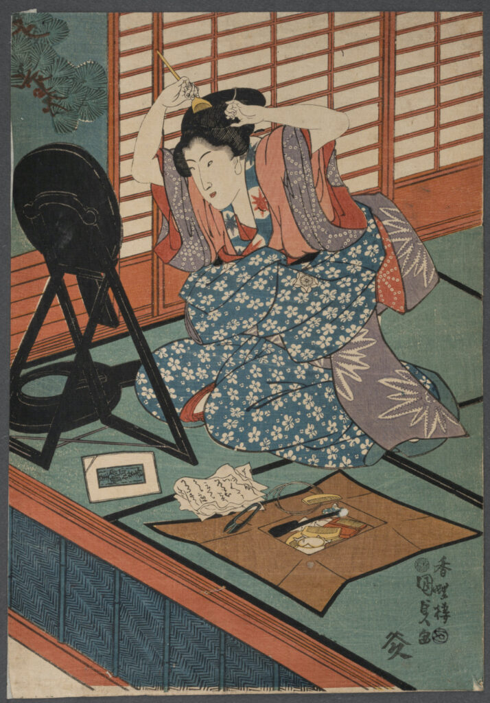 Utagawa Kunisada, dit Utagawa Toyokuni III (1786–1865), Les Filles modernes en pleine floraison [partie droite d’un diptyque], vers 1843–1847, gravure sur bois, 366 x 255 mm. Photographie : Julien Gremaud