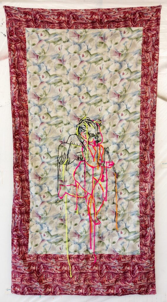 © Klodin Erb, Drunken Angel (Air), 2023. Sewed fabrics, embroidered with wool, little bells, 220 x 117 cm.
