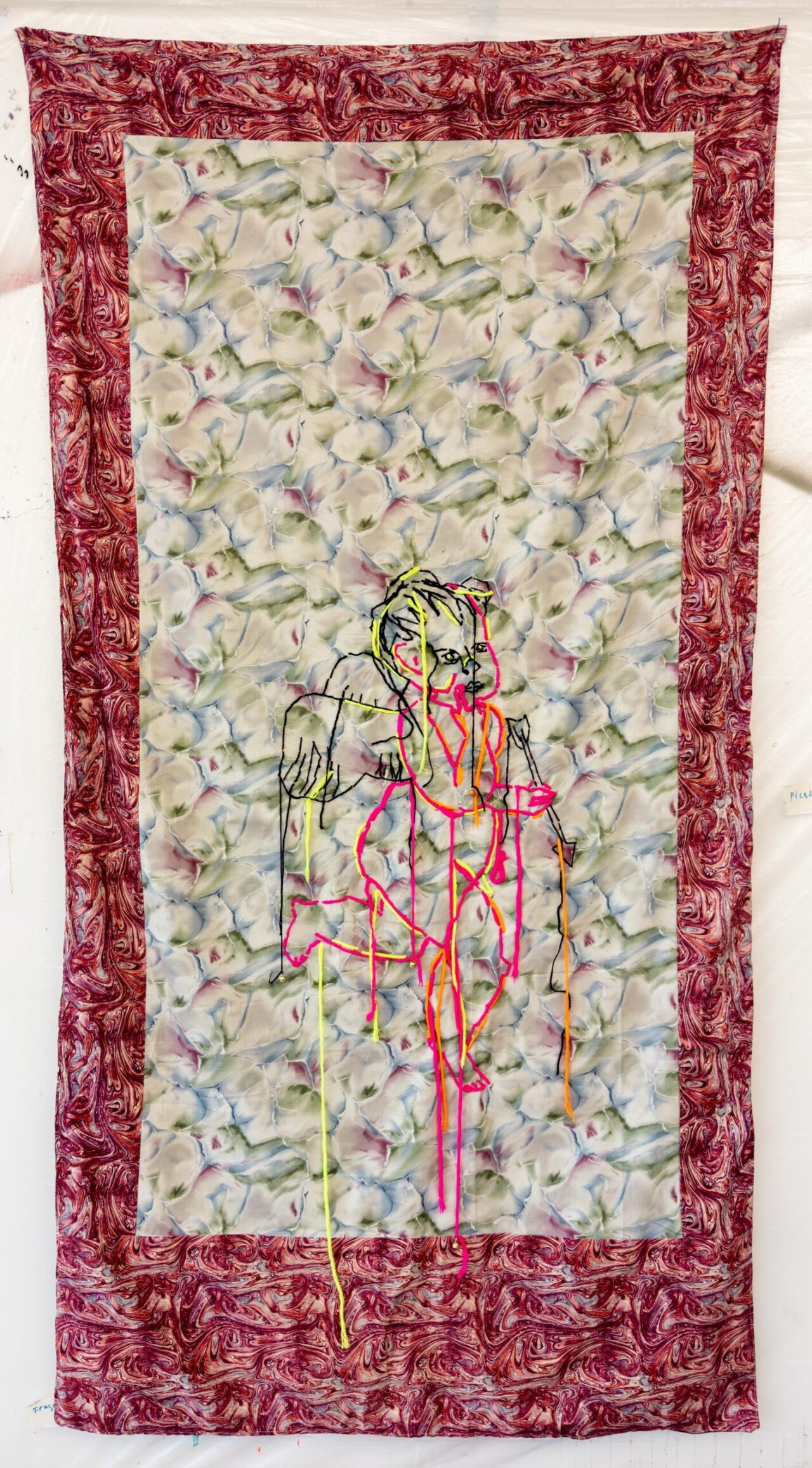 © Klodin Erb, Drunken Angel (Air), 2023. Sewed fabrics, embroidered with wool, little bells, 220 x 117 cm.