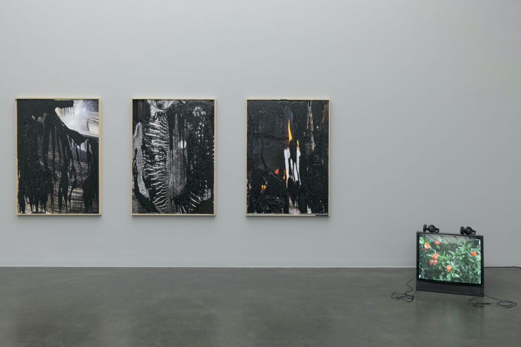 Gerta Xhaferaj, A Pause, a Rose, Something on Paper, 2024, Ausstellungsansicht zentral! XL Kunstmuseum Luzern, 2025, Fotografie, Bitumen, Video, 4 Min. 15 Sek., Courtesy of the artist, Foto: Marc Latzel