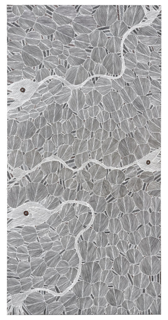 Dhatam / Nénuphar / Waterlily, 2019 Pigments naturels sur panneau de bois / Natural earth pigments on wooden board 242 x 122 cm Malaluba Gumana (c.1954-2020) Groupe linguistique / Language group : Yolŋu Communauté / Community : Gängän Région / Region : Terre d'Arnhem / Arnhem Land Etat / State : Territoire du Nord / Northern Territory Crédit artiste : © Malaluba Gumana, courtesy of Buku- Larrŋgay Mulka Art Centre Crédit photo : Vincent Girier Dufournier