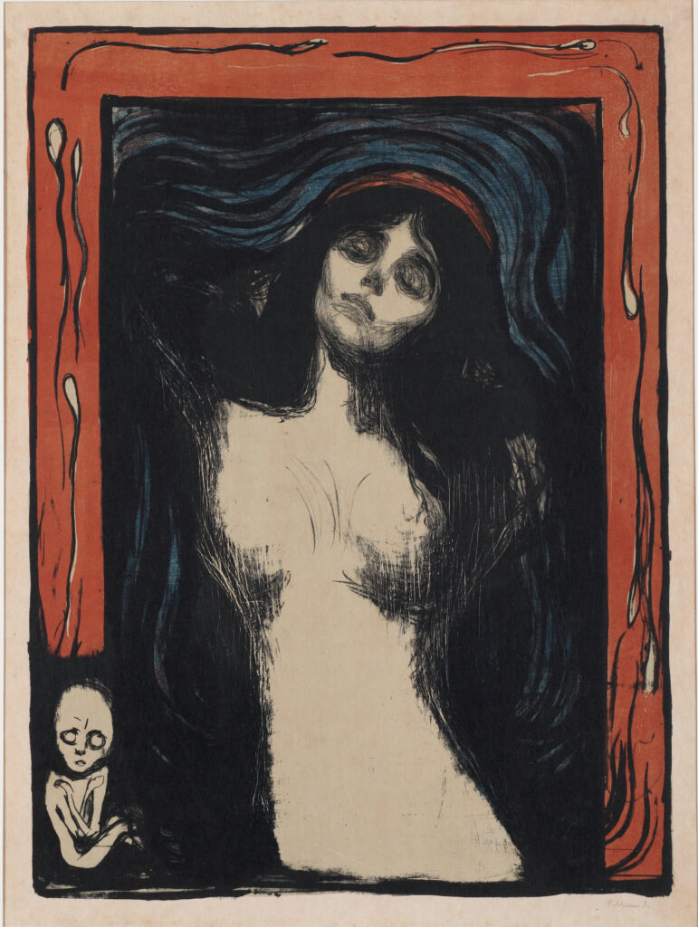 Edvard Munch (1863-1944), La Madone [Madonna], 1895-1902, lithographie au crayon et à l’encre en couleurs sur papier japon, 4e état, 67 × 51,5 cm (feuille), 60,5 × 44,2 cm (sujet), Paris, Institut national d’histoire de l’art, EM MUNCH 5 GDF, cat. 137. Datei: https://de.wikipedia.org/wiki/Datei:Edvard_Munch_-_Madonna_-_Google_Art_Project_%28495100%29.jpg