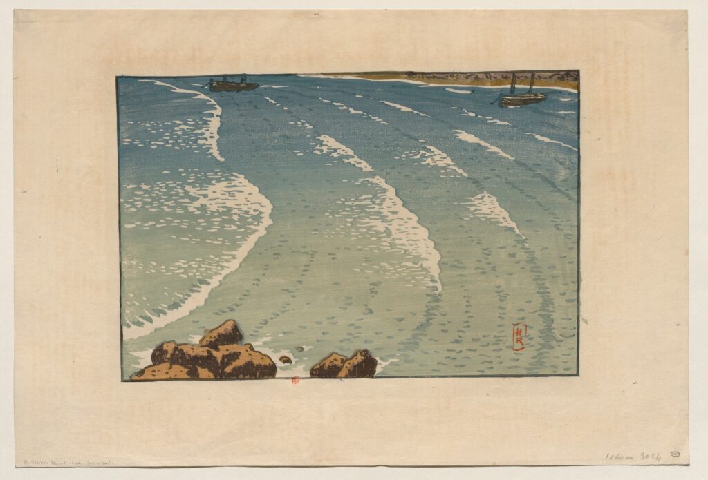 Henri Rivière (1864-1951), Vague, mer montante, plage de la Garde-Guérin, 1890, gravure sur bois en couleurs, 34 × 50,5 cm (feuille), 23 × 34,5 cm (sujet), Paris, Institut national d’histoire de l’art, EM RIVIERE 1, cat. 65.