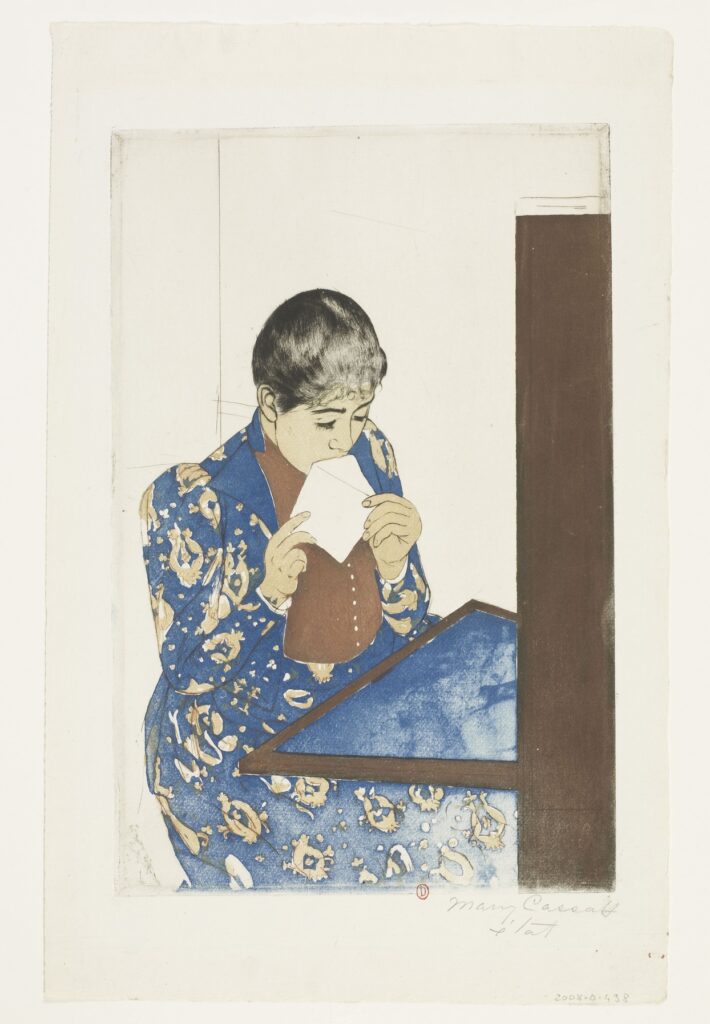 Mary Cassatt (1844-1926), La Lettre, 1890-1891, eau-forte, pointe sèche, vernis mou et aquatinte en couleurs, 3e état, 44 × 27,8 cm (feuille), 34,5 × 22,4 cm (coup de planche), Paris, Institut national d’histoire de l’art, EM CASSATT 4, cat. 16.