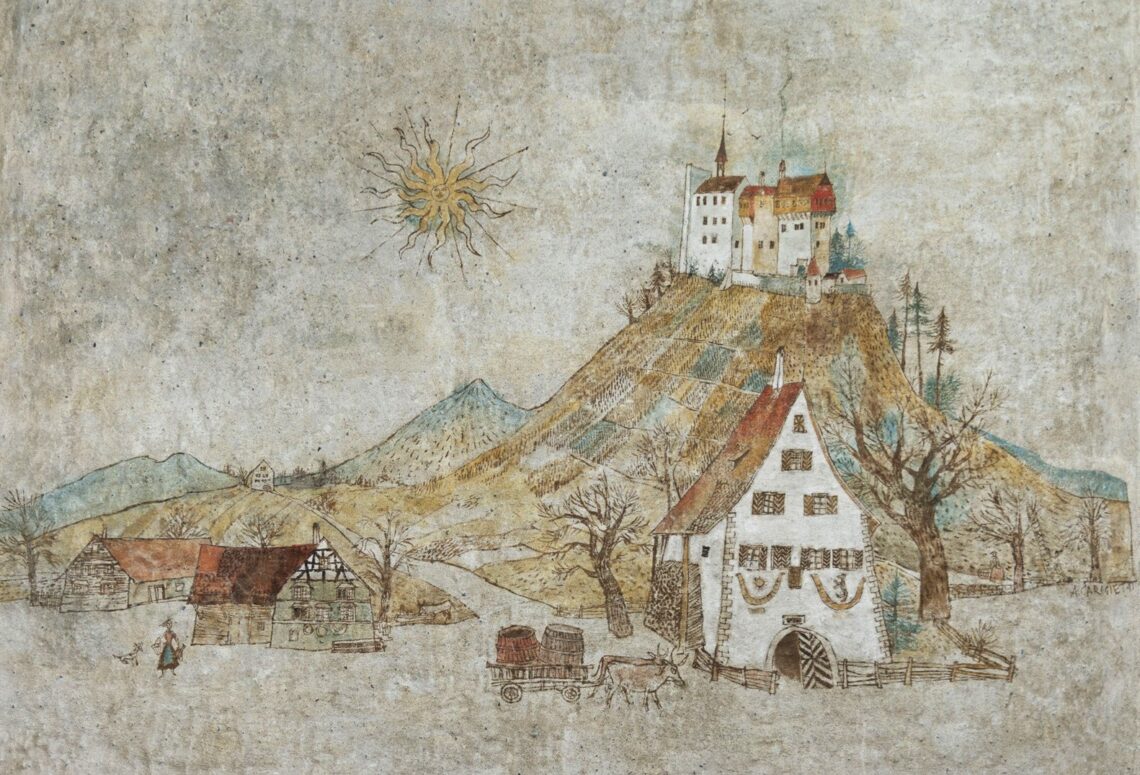 Weinberg Berneck mit dem ehemaligen Schloss Rosenberg © Alois Carigiet, Trun Cultura 2025