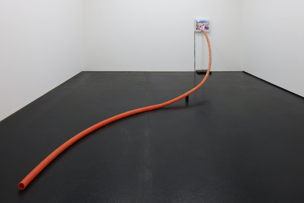 Christoph Rütimann, Handlauf Kürbis, 2004/2005 Ausstellungsansicht Aargauer Kunsthaus
1-Kanal-Videoinstallation mit Kunststoffrohr, Farbe, Ton, 7’22” Aargauer Kunsthaus / Dauerleihgabe der Walter A. Bechtler-Stiftung © Christoph Rütimann Foto Jörg Müller