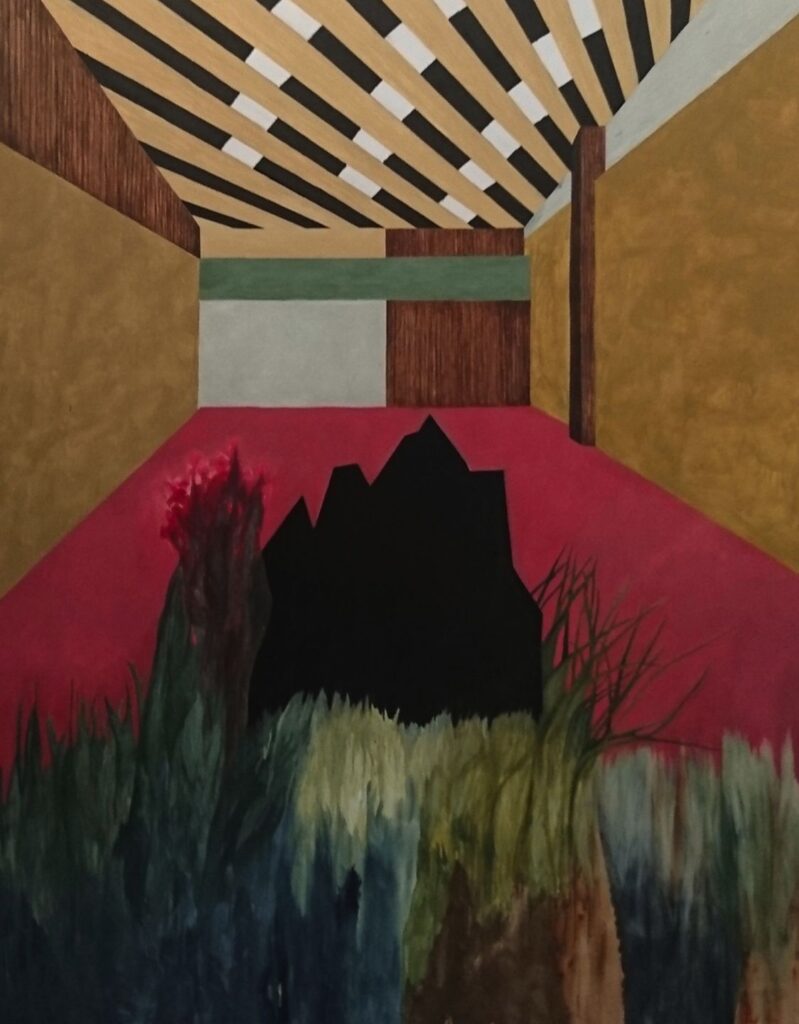 © Nathalie Diserens, SONNENSPIEGEL : SUN MIRROR 2025 Chinese ink, oil color, fabrics, inherited pieces, paste, Acrystal 130 x 130 cm, https:::www.goldrausch.art:nathalie-diserens : https:::www.nathaliediserens.ch: