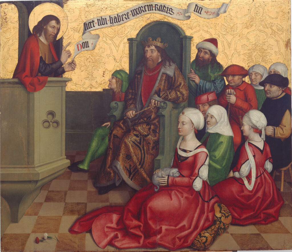 Berner Nelkenmeister Die Predigt des Johannes vor Herodes, 1495–1500 Mischtechnik auf Tannenholz 107,5 × 125 cm Kunstmuseum Bern, Staat Bern Foto: Kunstmuseum Bern