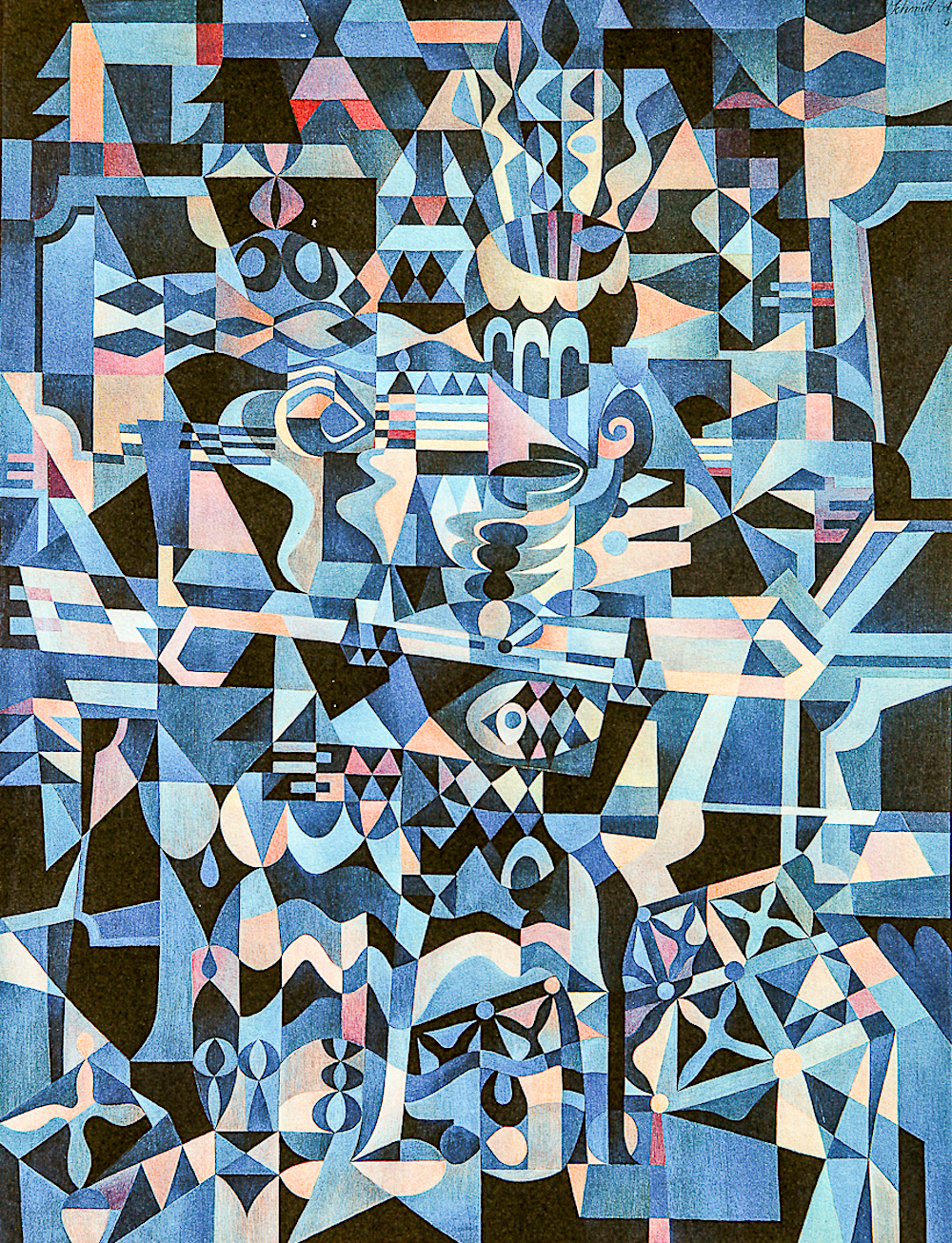 © Karl Schmid, Der geteckte Tisch, 1955, Vorbereitendes Gemälde für einen Wandteppich - Foto: Fondazione Karl Schmid, Locarno, Svizzera - Lizenz: https://creativecommons.org/licenses/by-sa/4.0/deed.en - Datei: https://commons.wikimedia.org/wiki/File:K.Schmid_Der_geteckte_Tisch.jpg