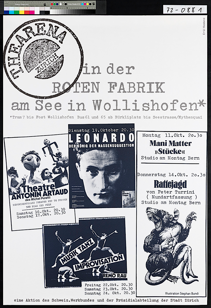 Plakat Thearena Zürich in der Roten Fabrik 1976 - © Foto Museum für Gestaltung Zürich, Plakatsammlung, ZHdK