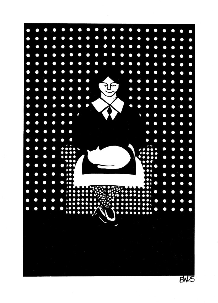 Bruno Weber, Junge Frau mit Katze, 2025, Papierschnitt, 41 x 31 cm