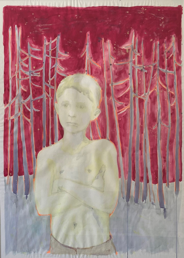Line Marquis, Attendant réparation, 2015 Crayon de couleur, graphite et gouache sur papier, 132 × 95 cm