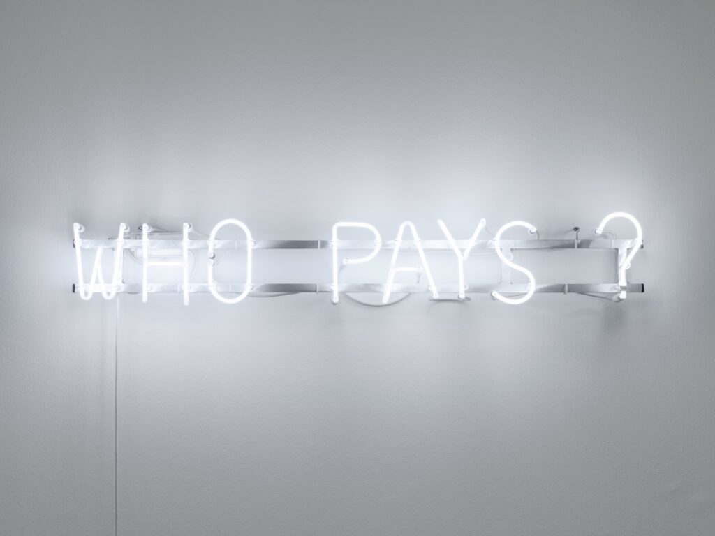 RELAX (chiarenza & hauser & co) Who pays?, 2006 Kunstmuseum Liechtenstein, Vaduz / Realisiert mit Unterstützung von Walter Hagen, Vaduz Argonröhren, Metallrahmen, Trafo Objektmass: 20 x 130 cm 5 Expl. Foto: Stefan Altenburger Photography, Zürich © RELAX (chiarenza & hauser & co)