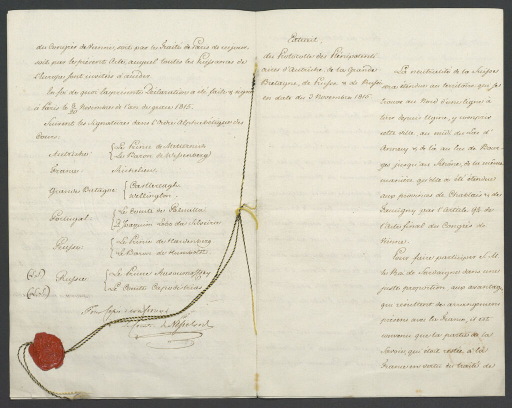 Europa und die Neutralität Auf dem Wiener Kongress 1815 wird die «immerwährende Neutralität» der Schweiz anerkannt. Damit wird die Neutralität Teil des europäischen Gleichgewichts. Anerkennung und Garantie der ewigen Neutralität der Schweiz und der Unverletzlichkeit ihres Gebietes von Seite der allierten Mächte, 08. / 20. 11. 1815 © Schweizerisches Bundesarchiv, K0#1000-1402#72