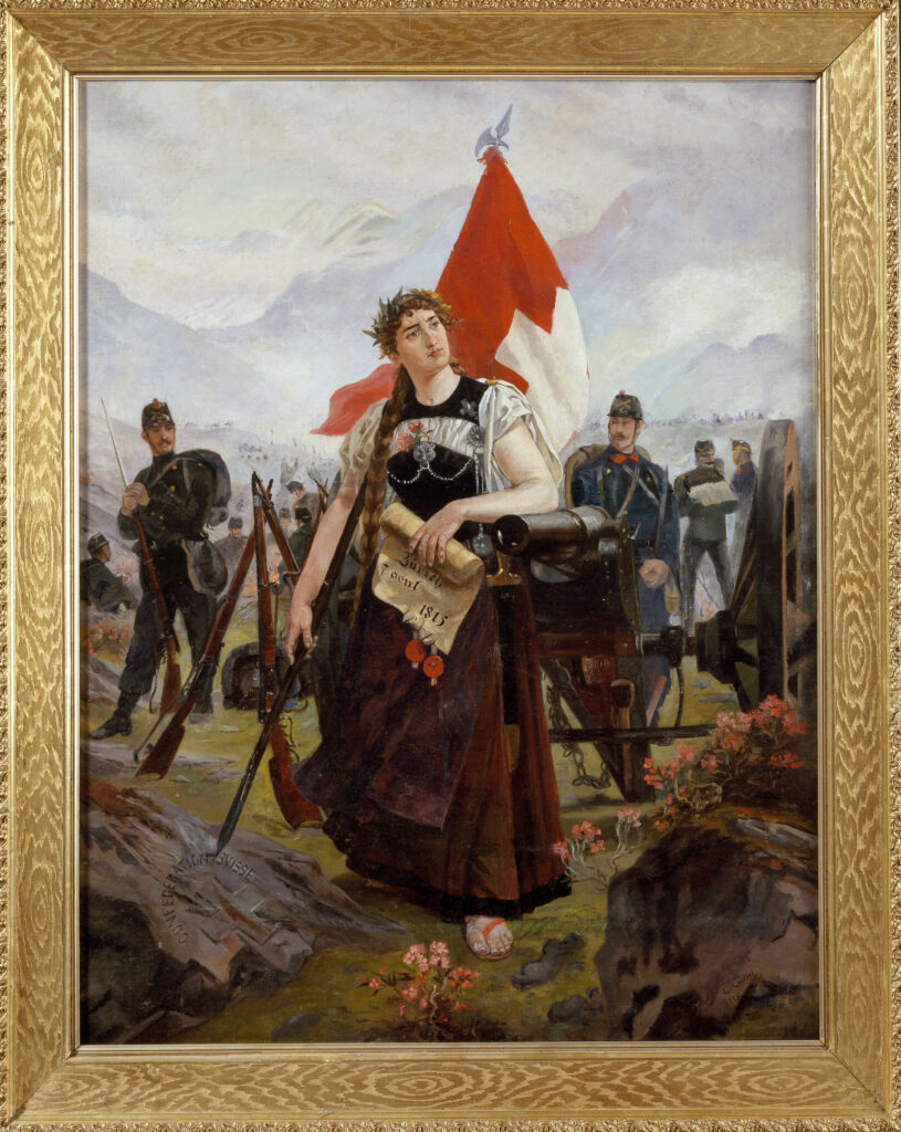 Wehrhafte Helvetia Helvetia hält den Bundesvertrag vom 7. August 1815 und stützt sich auf ein Kanonenrohr. Berner Tracht und Alpenkulisse verankern die Figur in der nationalen Bildsprache. Edouard Castres, Die wehrhafte Schweiz, 1895 © Bernisches Historisches Museum, Bern. Foto Stefan Rebsamen