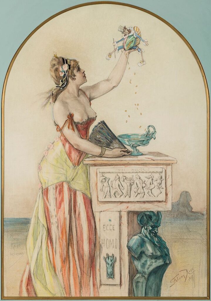 Félicien Rops, La Dame au pantin II, 1877, Aquarell, Farbstift gehöht mit Gouache, über Bleistift auf Papier, 58 x 40,5 cm, Fondation Roi Baudouin - Fonds Charles Vreeken, en dépôt au musée Félicien Rops, Namur
