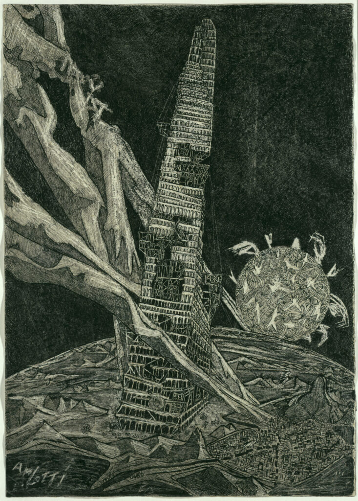 Friedrich Dürrenmatt, Turmbau I, 1952, Tusche auf Papier, 49.5 × 39 cm, Sammlung Centre Dürrenmatt Neuchâtel © CDN / Schweizerische Eidgenossenschaft