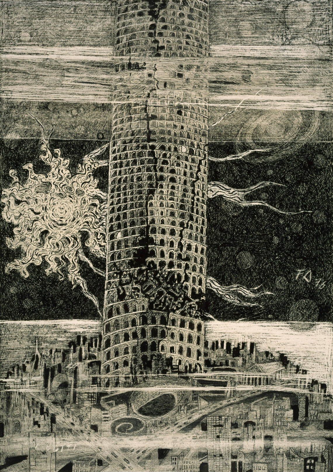 Friedrich Dürrenmatt, Turmbau IV: Vor dem Sturz, 1976, Tusche auf Papier, 51 × 36 cm, Jakob & Philipp Keel Collection © Centre Dürrenmatt Neuchâtel / Schweizerische Eidgenossenschaft