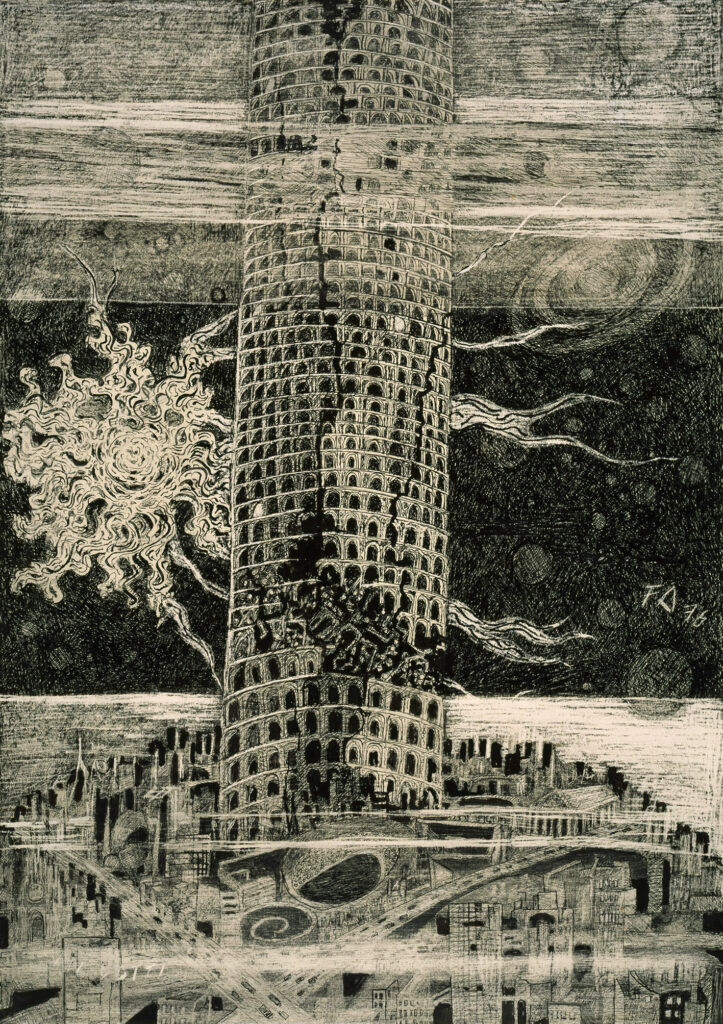 Friedrich Dürrenmatt, Turmbau IV: Vor dem Sturz, 1976, Tusche auf Papier, 51 × 36 cm, Jakob & Philipp Keel Collection © Centre Dürrenmatt Neuchâtel / Schweizerische Eidgenossenschaft