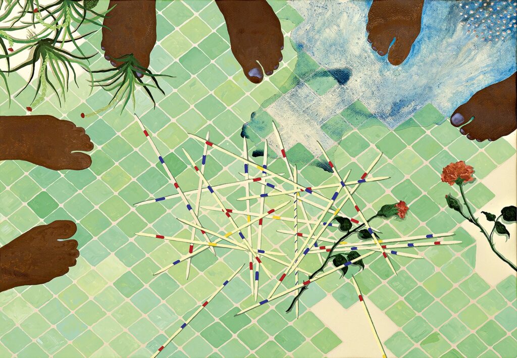 Otobong Nkanga Just waiting for us to play, 2006 Acrylique, gouache, vernis à ongles et perforations sur papier, 92 × 120 cm Collection C. Mallard © Otobong Nkanga Photo : © Grégory Copitet