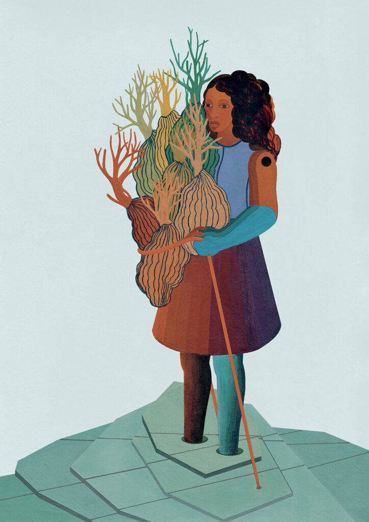 Otobong Nkanga Social Consequences V : The Harvest, 2022 Acrylique et adhésifs sur papier, 42 × 29,7 cm Collection Wim Waumans © Otobong Nkanga Photo : Courtoisie de l’artiste