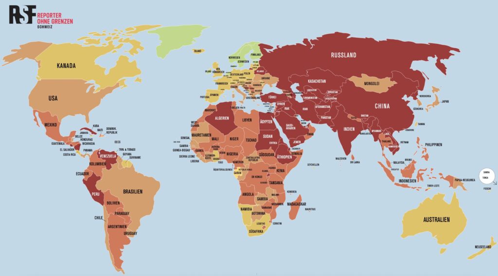 Weltkarte Pressefreiheit © RSF 2026, https://rsf-ch.ch/wp-content/uploads/2026/04/Karte-RSF-2026-DE.pdf