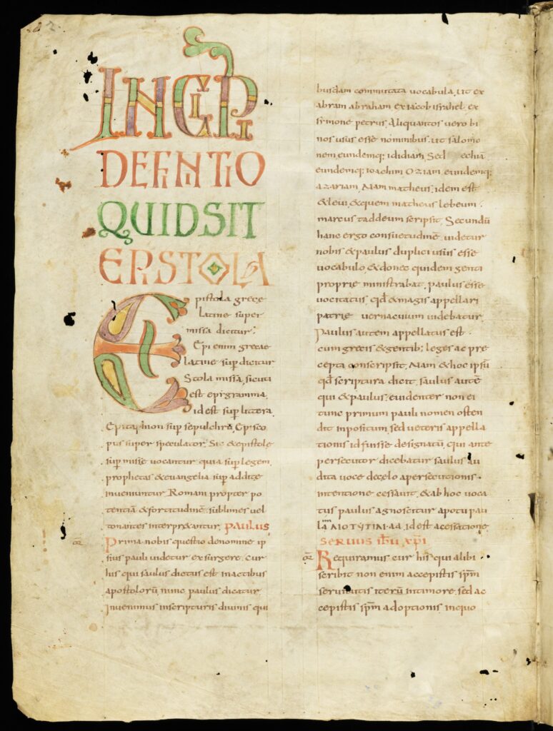 Nonnen Die erste Seite der Expositio libri comitis beginnt mit einer ausgestalteten Seite und Inititale, deren Formen die Handschrift eindeutig dem Skriptorium des Frauenklosters Chelles zuordnen lassen. Auf der ersten Seite wird die Form der Apostelbriefe erklärt. Das Kloster Chelles hatte ein wichtiges Skriptorium. Stiftsbibliothek St.Gallen, Cod. Sang. 435, S. 2.