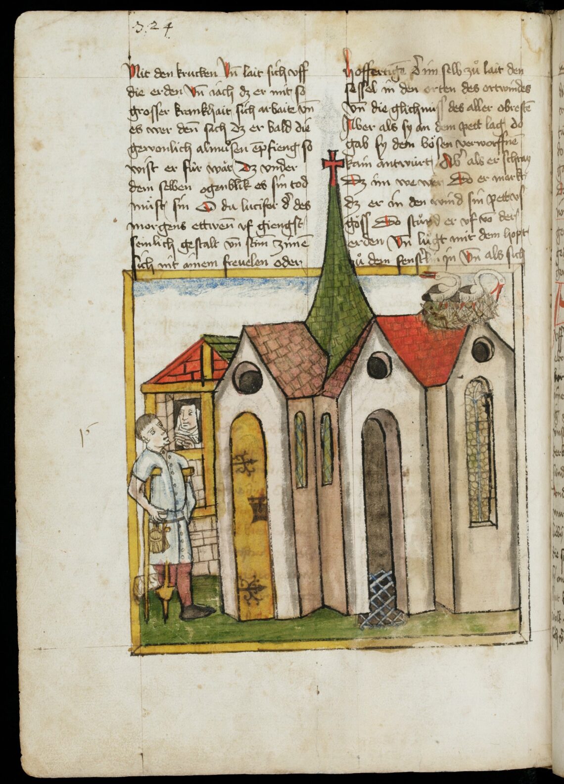 Inklusinnen Wiborada schaut aus ihrer an die Kirche St.Mangen angebauten Zelle, vor der ein Mann mit Krücken steht. Der Legende (Vita II, 25) gemäss war er vom Teufel besessen. Wiborada erkennt seinen Zustand und treibt den Teufel aus, indem sie ihn bekreuzigt. Kirche und Klause sind detailreich dargestellt: eisenbeschlagene Tür, Butzenglasscheiben und auf dem Dach ein Storchennest. Der Zeichner ist namentlich nicht bekannt. Stiftsbibliothek St.Gallen, Cod. Sang. 602, S. 324.