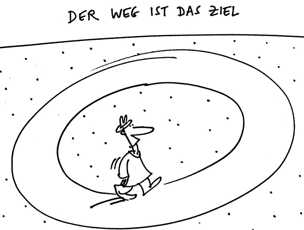 «DER WEG IST DAS ZIEL», © Heinz Pfuschi Pfister (1945-2026), https://www.pfuschi-cartoon.ch/home.html - Mehr: https://ch-cultura.ch/cartoon-comix-karikatur/zum-tod-des-berner-cartoonisten-und-kunstmalers-heinz-pfuschi-pfister/