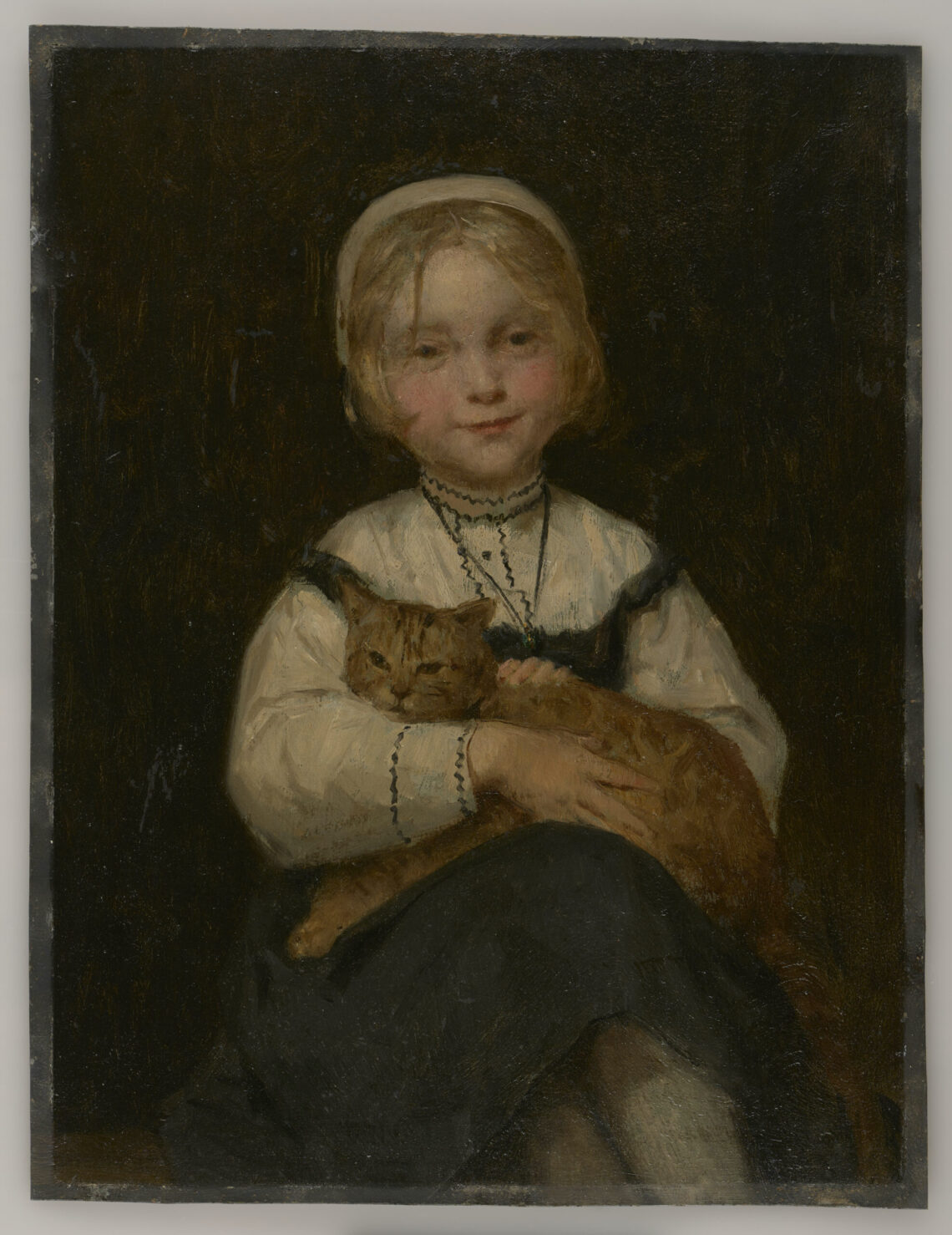 Albert Anker (1831-1910) Louise Anker mit Katze – Louise Anker et son chat um/vers 1871 Öl auf Blech Centre Albert Anker, Legat Hans Brefin Foto: Centre Albert Anker / Jonas Hänggi