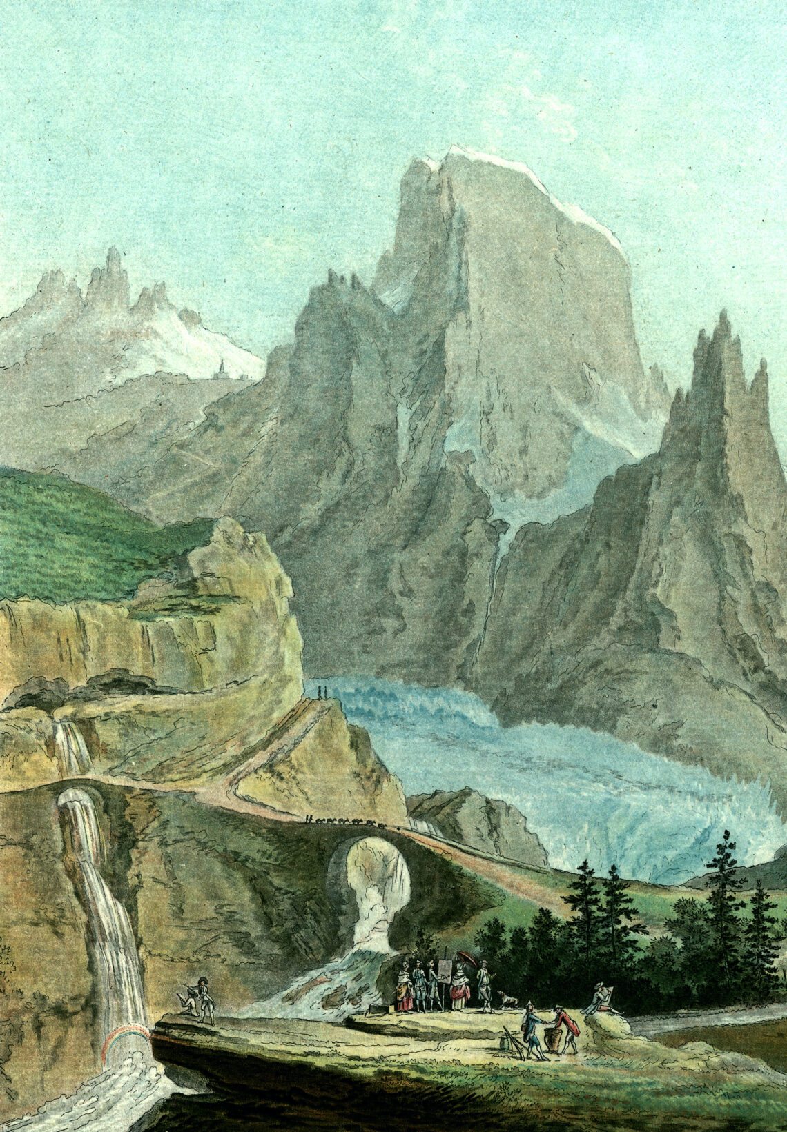 Le grand théâtre des Alpes et glaciers (Detail), Farbaquatinta von Jean-François Janinet nach Caspar Wolf (aus: Vues remarquables des montagnes de la Suisse, Amsterdam, Rudolf Samuel Henzi / J. Yntema, 1783–1794)