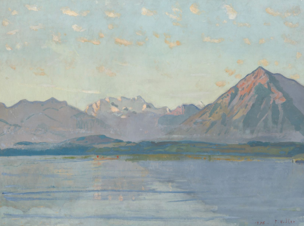 Bild: Ferdinand Hodler, Thunersee mit Blüemlisalp und Niesen, 1882 (Überarbeitung), 1876, Lauf Leinwand, 67x89 cm - © https://digital.skkg.ch/de/intro/skkg%3Aobject%2F748?q=%C2%ABThunersee%20mit%20Bl%C3%BCemlisalp%20und%20Niesen%C2%BB