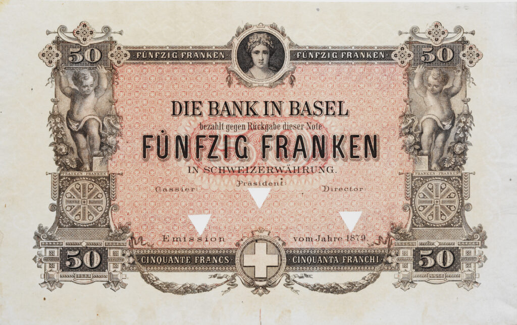 Bank in Basel 50 CHF Vor 1907 drucken Schweizer Banken jeweils ihre eigenen Banknoten. 1881 werden diese per Gesetz zwar vereinheitlicht, aber weiterhin von unterschiedlichen Banken herausgegeben. Nach dem Einrichten der Schweizerischen Nationalbank 1907 ist schweizweit nur noch die aktuelle Banknotenserie der Nationalbank gültig. Bank in Basel, Banknote zu 50 Franken, Zug 1879. Schweizerisches Nationalmuseum