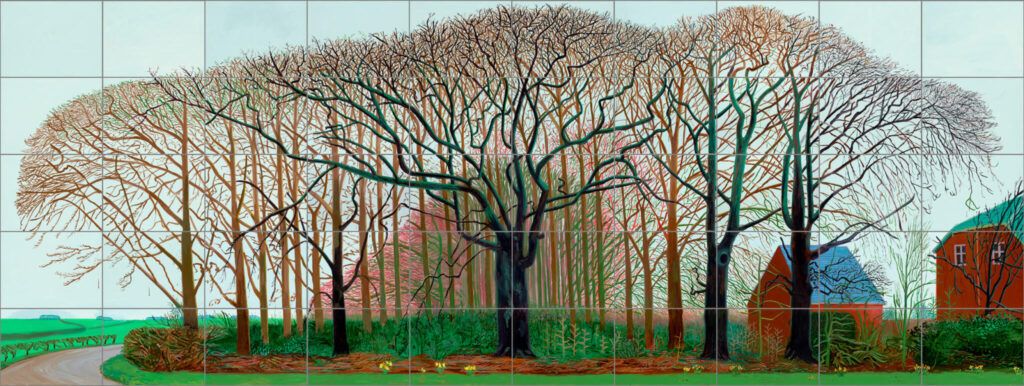 David Hockney, Bigger Trees near Warter or/ou Peinture sur le Motif pour le Nouvel Age Post-Photographique, 2007, Öl auf Leinwand, 50-teilig, je 91.4 x 121.9 cm, total 457.2 x 1219.2 cm, © David Hockney, Tate: Presented by the artist 2008, Foto: Prudence Cuming Associates