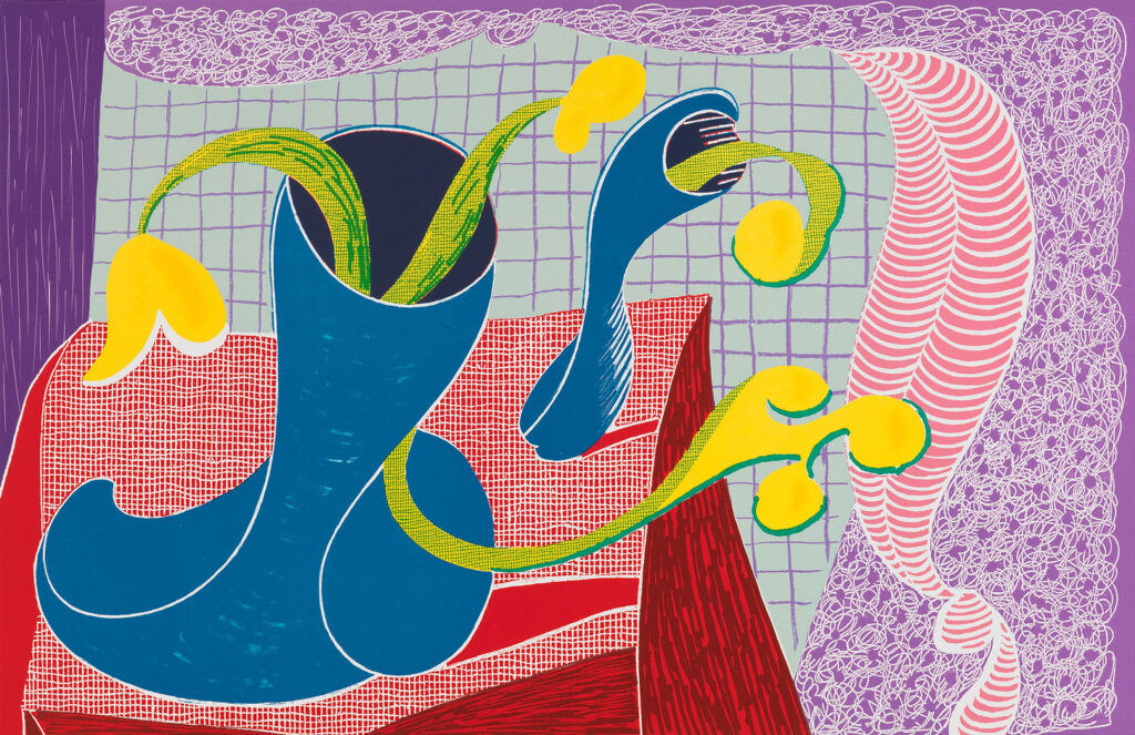 David Hockney, Four Flowers in Still Life, 1990, Lithografie auf Papier, 53.2 x 81.8 cm, Tate: Schenkung des Künstlers 1993, © David Hockney / Tyler Graphics Ltd., Foto: Richard Schmidt