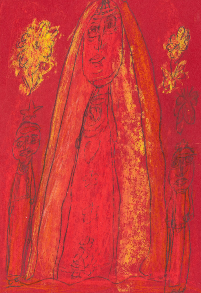 Hedwig (Hedi) Huser, Madonna, ca. 1980–1993, Wachsmalstift, Bleistift und Filzstift auf Papier, ca. 29,5 × 21 cm